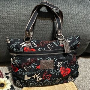 Coach Poppy Black Graffiti Shoulder Bag Tote Purse